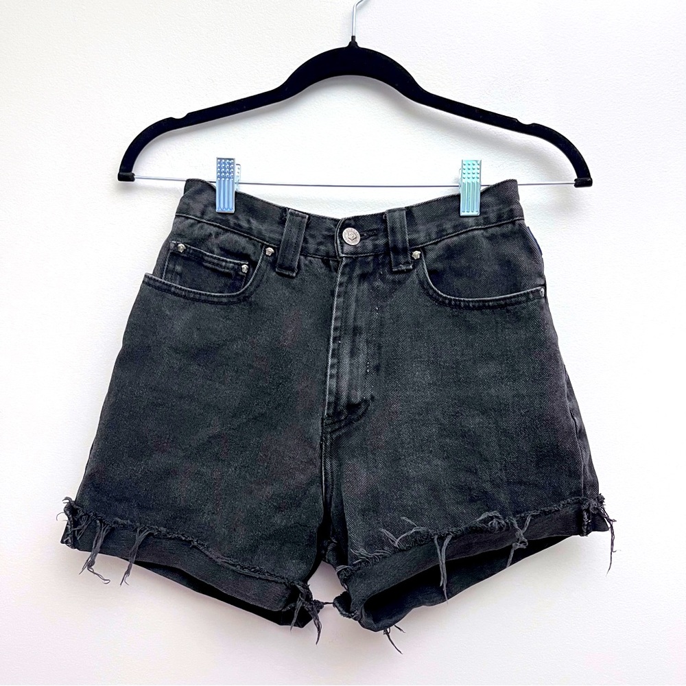 Versace Jeans Couture Vintage 90’s Medusa Black Washed Cuff Fringe Denim Shorts